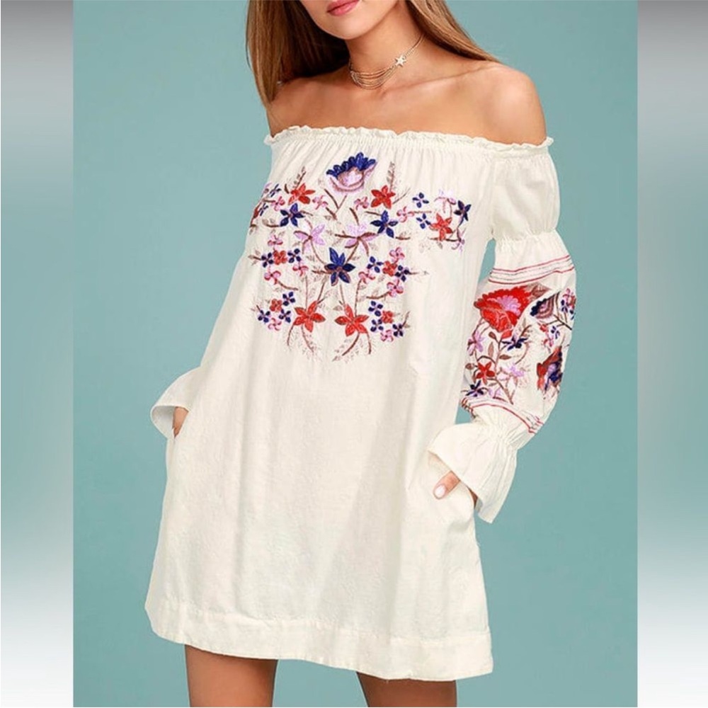 Free People Fleur Du Jour Embroidered Off Shoulder Cotton Mini Dress M